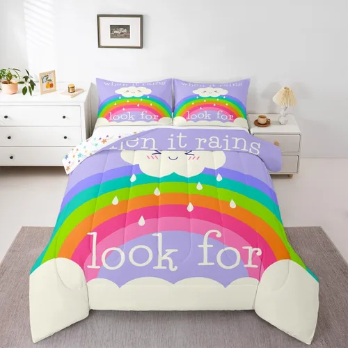 Miniatura 26 de Juego de Edredón de Princesa de Ballet para Niñas Tamaño Individual, Juego de Ropa de Cama de Castillo Arcoíris Kawaii Flores Lindas Mariquita Multi