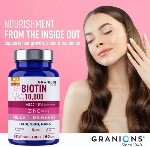 Miniatura 8 de Granions Biotin 10,000 mcg Pastillas para el cabello, la piel y las uñas, complejo de biotina extra fuerte con zinc, selenio, mijo, arándano