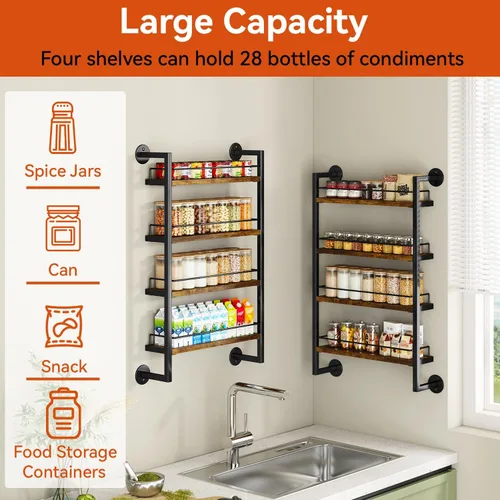 Miniatura 3 de IBUYKE Estante para Especias de Pared, Organizador Colgante de Condimentos de 4 Niveles, Estante Grande para Pared para hasta 50 Frascos, Marrón