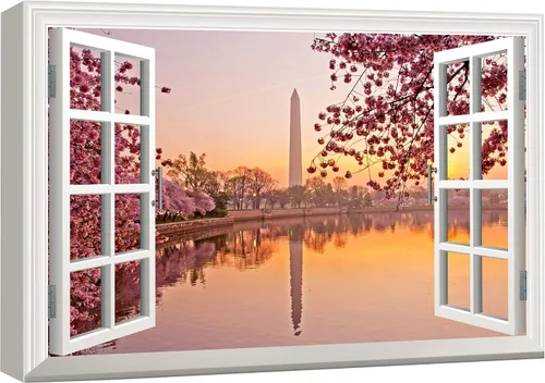 Miniatura 56 de wall26 - Cuadro en lienzo para pared, vista de ventana, atardecer neón, cielo, palmera tropical, playa, naturaleza, desierto, fotografía, realismo
