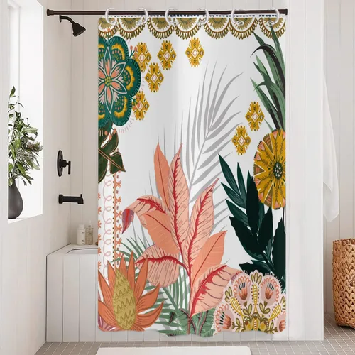 Miniatura 23 de Cortina de ducha bohemia y chic, cortina de baño moderna con hojas tropicales abstractas y ramas botánicas doradas, para decoración del hogar, tela