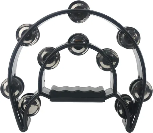 Ogrmar Tambor de percusión de mano con pandereta de doble fila con mango ergonómico para regalo, KTV, fiesta, juguete para niños (negro)