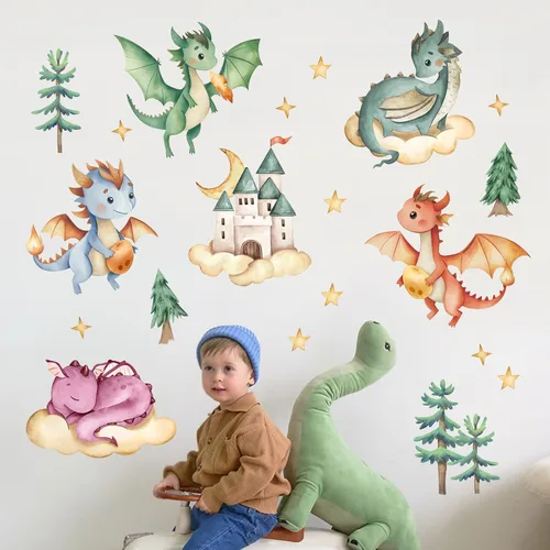 Miniatura 3 de Yovkky Adhesivos de pared de dragón bebé, calcomanías de castillo de acuarela, pino, nube, luna, estrellas, decoración neutra para vivero de niños