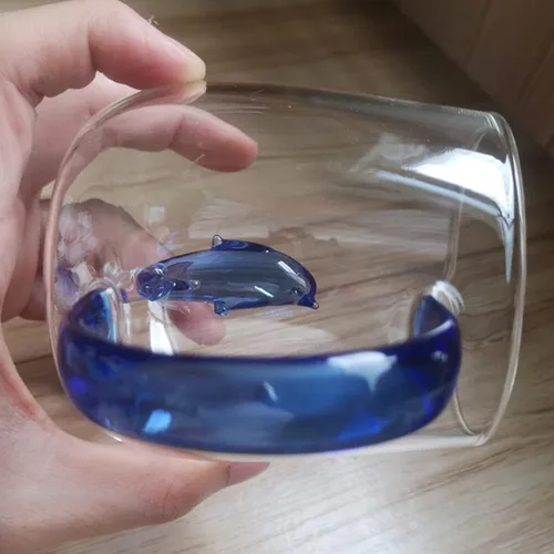 Vasos de vidrio, patrón tridimensional transparente, bebidas de bar, taza de café helado, vaso de jugo, transparente (taza de delfin)