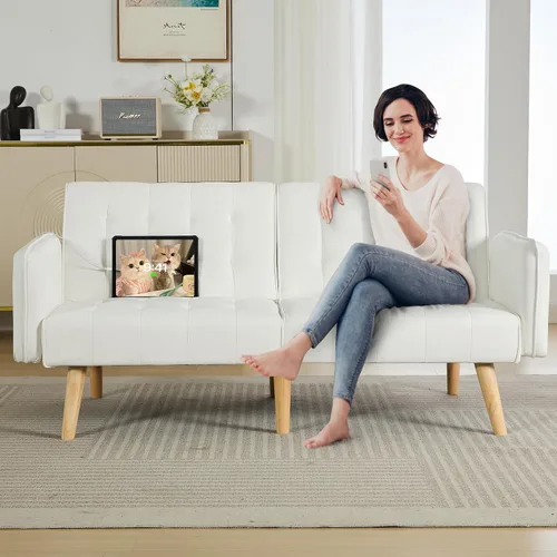 Miniatura 9 de TYBOATLE Sofá Cama Futon Plegable Convertible Tapizado en Cuero Sintético Blanco Moderno con USB, Sofá de 65", Muebles Sillones de Dos Plazas