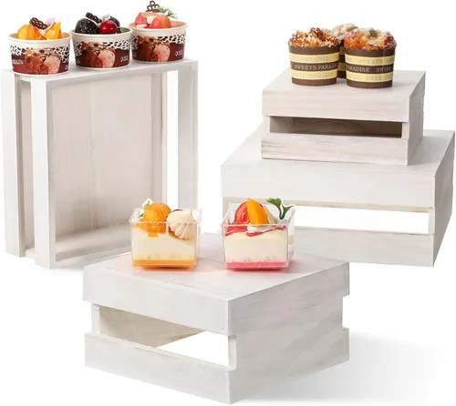 Miniatura 9 de Sieral 4 piezas de madera para cupcakes, soporte decorativo para postres, aperitivos, pasteles, caja de madera rústica, para almacenamiento