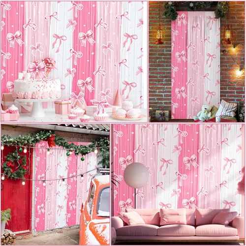 Miniatura 7 de Panelee Telón de fondo de lazo rosa de 3.3 x 6.6 pies, cortina de flecos de papel de oropel con flecos, lazos rosados, decoración de fiesta