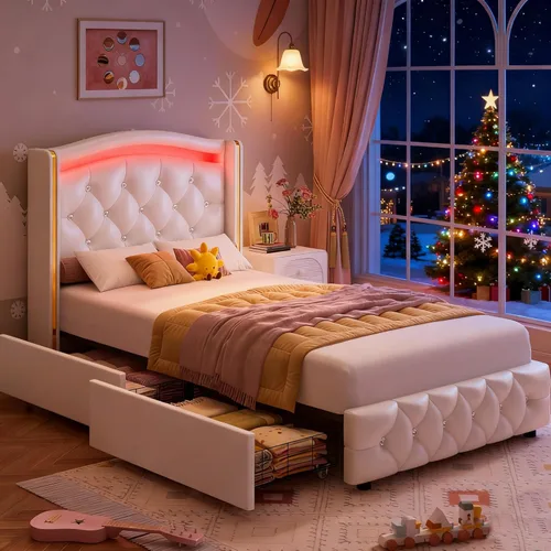 Miniatura 10 de Hifit Base de cama LED, tamaño individual, cabecera capitoné con botones de cristal, 4 cajones, moderna, piel sintética, de princesa, para niñas,