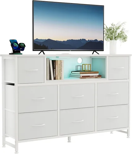 Miniatura 15 de DUMOS - Cómoda para TV con 8 cajones de tela, cómoda, color negro APP Control LED Lights and Type-C Charging Station, Fabric Storage Tower TV