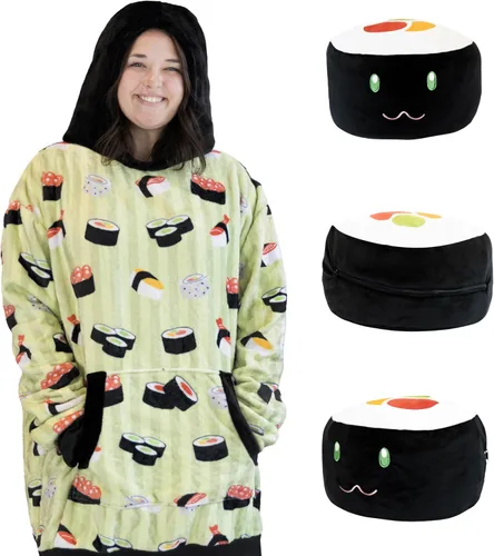 Miniatura 19 de Plushible Manta con Capucha Portátil, Sudadera con Capucha de Gran Tamaño de 2 en 1, Bolsillo de Manga Larga, Regalo Acogedor para las Fiestas, Palta