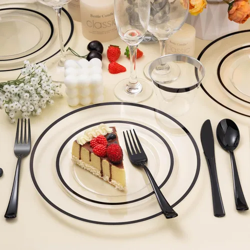 Miniatura 3 de Beststar Juego de vajilla de plástico negro y transparente de 350 piezas para 50 invitados, incluye 100 platos desechables negros, 100 tenedores, 50