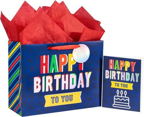Miniatura 12 de WRAPAHOLIC Bolsa de regalo de cumpleaños grande de 13 pulgadas con tarjeta y papel de seda, bolsas de papel con letras de estrella negra y feliz