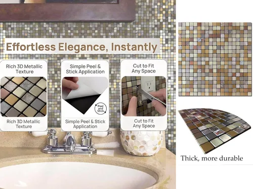 Miniatura 3 de 10 hojas de azulejos de salpicaduras para despegar y pegar, paneles de pared autoadhesivos de aluminio 3D, calcomanías de mosaico metálico