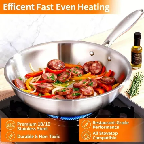 Miniatura 6 de DELARLO Woks y sartenes para saltear, sartén de acero inoxidable de 13 pulgadas con tapa, superficie de cocción grande, sartén wok de acero
