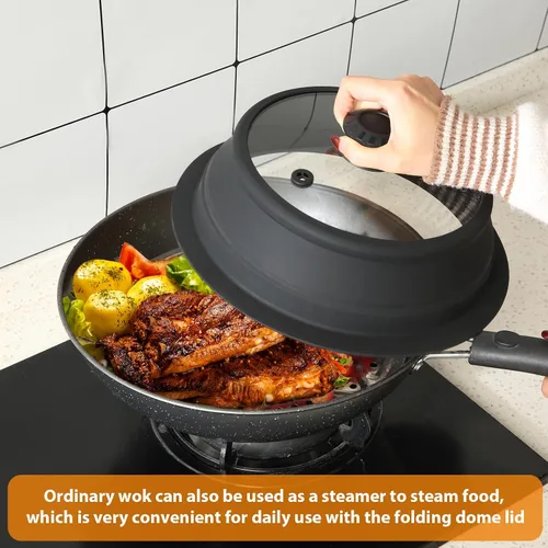 Miniatura 6 de Tapa plegable para salpicaduras de microondas con cubierta de vidrio templado ventilado, tapa wok apta para microondas, olla de vapor y olla redonda