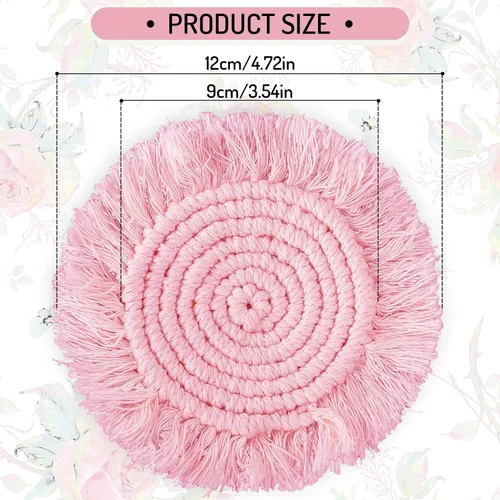 Miniatura 2 de Whaline Juego de 4 posavasos de macramé bohemios, hechos a mano, rojo, rosa, blanco, para bebidas, tapete bohemio con borla para tipos de tazas