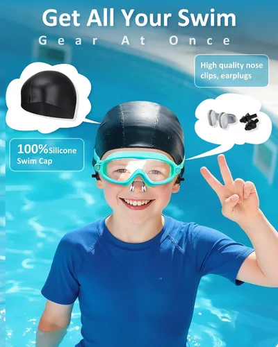 Miniatura 5 de Gafas de natación para niños, antivaho, protección UV y amplia vista & gorro de natación para niños de 3 a 15 años, niños y niñas, bebés azul y verde