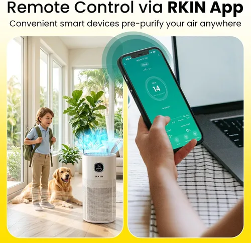 Miniatura 6 de RKIN Purificador de aire inteligente HEPA 14, purificador de aire para habitación grande con monitor PM2.5, control WiFi y aplicación para pelo