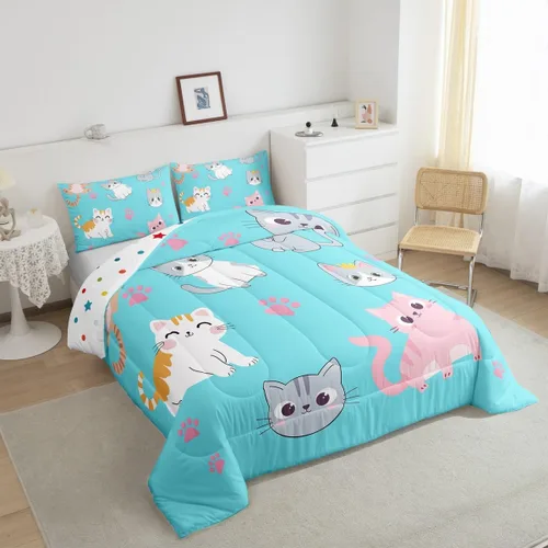 Miniatura 45 de Erosebridal Juego de ropa de cama para niños, tamaño individual, diseño de gatos de dibujos animados, para niñas, niños y adolescentes, edredón