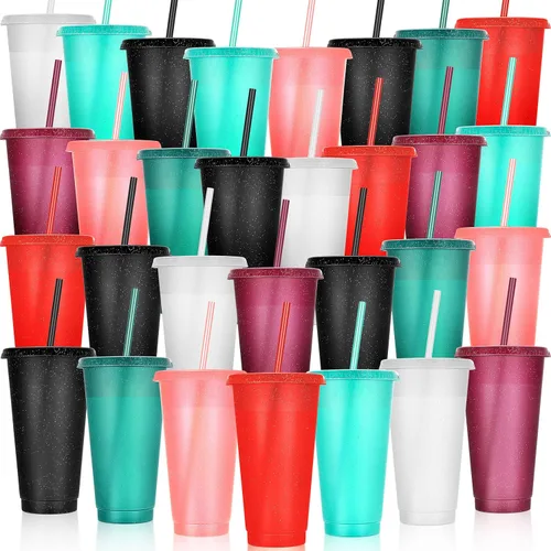 Miniatura 8 de Honeydak Paquete de 60 vasos con popote y tapa, vasos a granel para regalos, tazas de café de plástico con purpurina de 24 a 27 onzas, botella