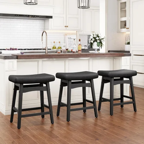 Miniatura 19 de Taburetes de bar PHI VILLA - Taburetes de bar con patas de madera maciza a la altura del mostrador con asiento de sillín tapizado, taburetes