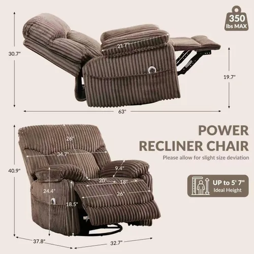 Miniatura 2 de GRAINELL - Silla reclinable giratoria con masaje y calor, puerto de carga USB, reclinable eléctrico de posición infinita, mecedoras eléctricas