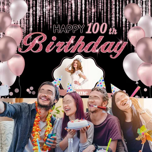 Miniatura 6 de Cartel de decoración de feliz cumpleaños número 100 de oro rosa, tamaño grande, personalización con nombre y foto compatible