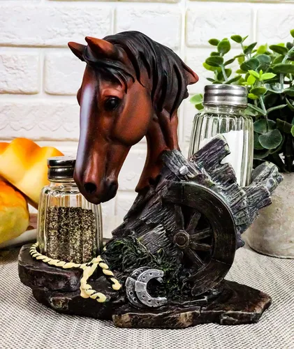 Miniatura 8 de Ebros Country - Juego de figuras de caballo de semental marrón castaño occidental por Farm Wagon Wheel Lasso Herraduras Salero y Pimentero Estatua