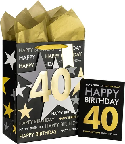 Loveinside Bolsa de regalo de cumpleaños con papel de seda y tarjeta de felicitación para cumpleaños 40 – 10 x 5 x 13 pulgadas, 1 unidad, oro negro