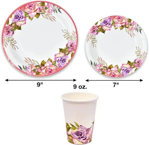 Miniatura 3 de Gift Boutique Juego de 96 piezas de suministros de fiesta de flores rosas y moradas, platos de papel, servilleta para niña, baby shower, té