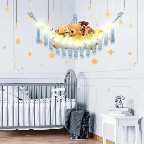 Miniatura 2 de CERETIA Hamaca de animales de peluche con luz LED, red grande de almacenamiento en esquina de animales de peluche para decoración de habitación