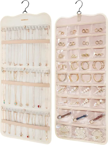 BAGSMART Organizador de Joyas Colgante de Almacenamiento con Ganchos de Metal Colgador, Soporte de Joyería de Doble Cara para Aretes, Collares, Beige