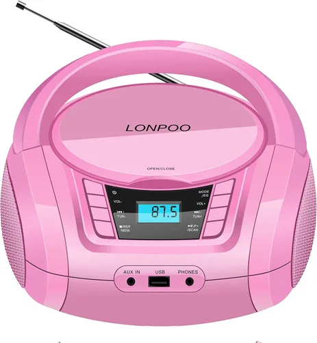 LONPOO Boombox portátil - Reproductor de CD, Bluetooth, USB, MP3, AUX, radio FM, portátil, altavoces estéreo incorporados, asa de transporte,