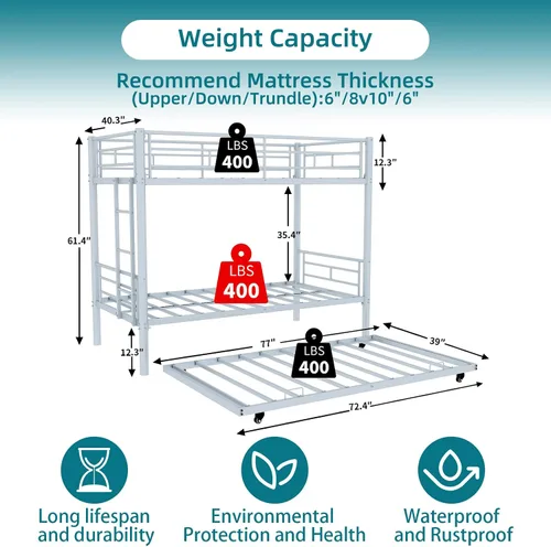 Miniatura 2 de Litera de metal individual sobre cama individual con nido, se puede dividir en dos camas con escalera y barandilla de protección para adultos,