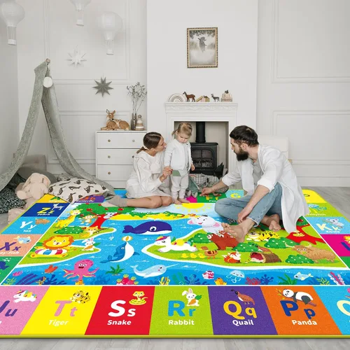 Miniatura 8 de Alfombra infantil de 5 x 7 pies para sala de juegos, alfombra de juegos con ABC y animales, alfombra antideslizante súper suave para suelo, tapete