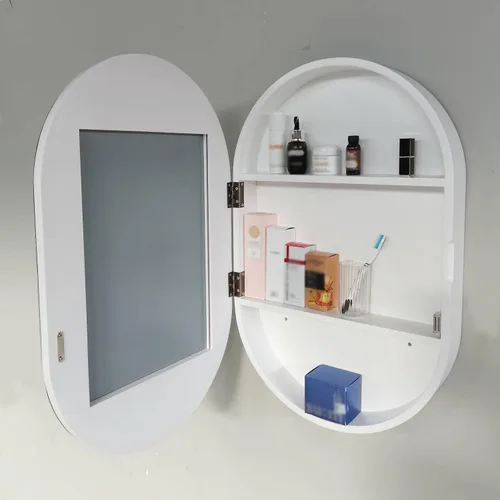 Miniatura 2 de Gabinete de espejo ovalado montado en la pared, armario de baño de madera, espejo de tocador de baño con estante de almacenamiento