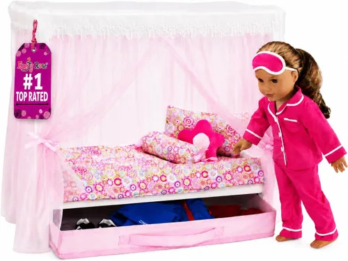 Emily Rose Cama con dosel de princesa de 18 pulgadas, madera blanca con cortinas de tul rosa, juego de ropa de cama de 5 piezas y cajón de