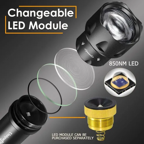 Miniatura 6 de Vcsel - Linterna iluminadora infrarroja de 940 nm para visión nocturna, lente Fresnel con zoom, luz LED infrarroja recargable con interruptor