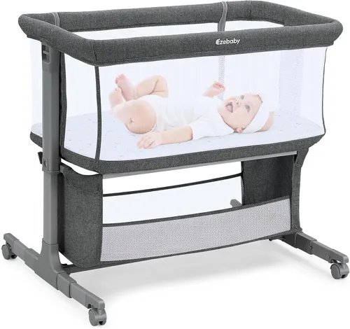 Ezebaby Cuna junto a la cama para bebé, moisés portátil junto a la cama para recién nacidos con ruedas, cesta de almacenamiento, ajustable a 7 Gris