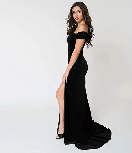 Miniatura 6 de RYANTH Vestido de fiesta de terciopelo de sirena para mujer, con hombros descubiertos, vestido de noche con abertura, vestido de cóctel RPM111