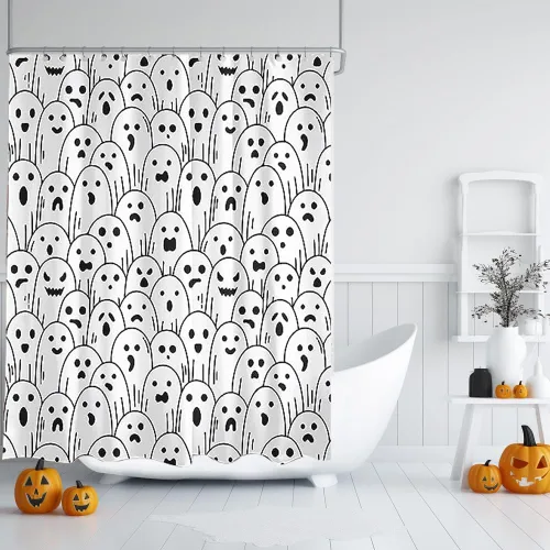 FUNKY WIZARD Cortina de ducha de Halloween, cortina de ducha espeluznante de fantasma, de Halloween, 72 x 72 pulgadas, tela impermeable con 12 Blanco
