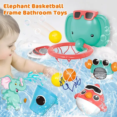 Miniatura 5 de VATOS Juguetes de baño para bebés, juguetes de baño de baloncesto de elefante para bebés, niños y niñas de 1 año, juego de bañera para bebés