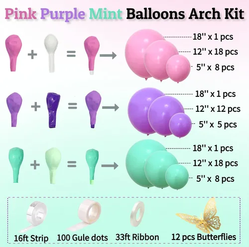 Miniatura 5 de Kit de arco de globos rosa, morado y verde menta, globos pastel de doble relleno con mariposas doradas para baby shower, cumpleaños de niña, tema
