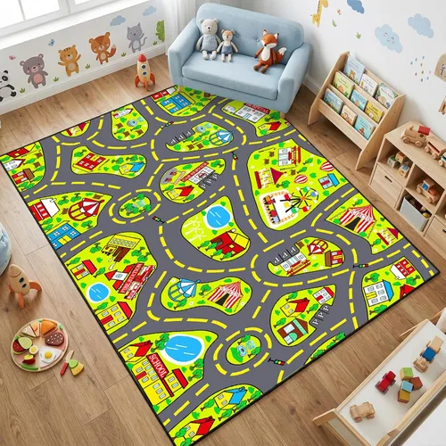 Miniatura 19 de Alfombra de juego para niños (2.6 x 5 pies), 2 unidades, alfombra de carretera para niños, alfombra de mapa de ruta de la ciudad, alfombra