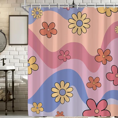 Miniatura 20 de Cortina de ducha pequeña para casa rodante, tamaño medio, estilo retro de los 70, con flores bonitas, estética abstracta de margaritas, decorativa