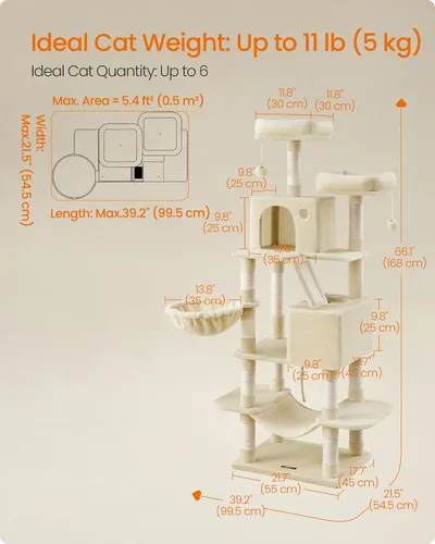 Miniatura 5 de Feandrea Árbol para gatos, torre grande para gatos de 66.1 pulgadas, condominio de felpa de varios niveles con 13 postes rascadores, 2 perchas, 2