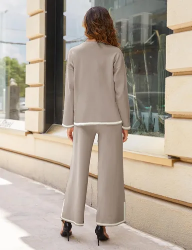 Miniatura 7 de Lentta Conjunto de 2 piezas de suéter de punto de manga larga para mujer, pantalones de pierna ancha, conjunto de descanso