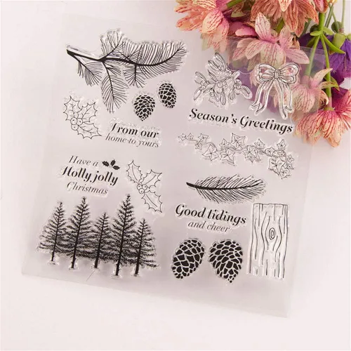 Miniatura 4 de LZBRDY Árboles de invierno, ramas, hojas, conos de pino, arco de goma transparente para hacer tarjetas y álbumes de recortes, deseos de Navidad