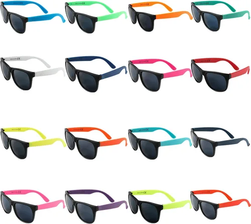 Miniatura 7 de Paquete de 32 lentes de sol de neón de 16 colores, regalos de fiesta, estilo de los años 80, coloridos juegos de gafas de sol para fiesta, perfectos