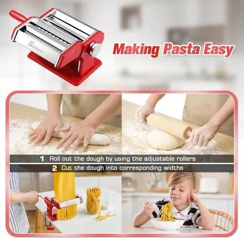 Miniatura 8 de Sailnovo Máquina para hacer pasta, máquina para hacer pasta Roller 180, 9 ajustes de grosor ajustables, máquina de fideos 2 en 1 con rodillos